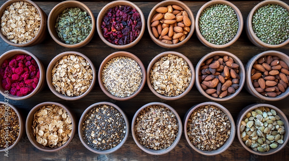 Wooden bowls filled with healthy grains seeds nuts and dried fruits Wooden bowls filled with healthy grains seeds nuts and dried fruits