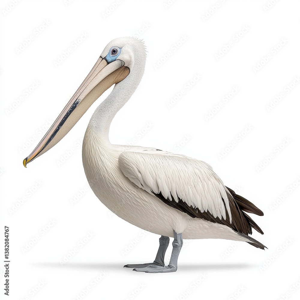 Obraz premium Australian Pelican Profile White Plumage, Gray Wings, Long Beak, Generative AI.
