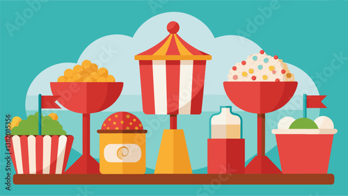 A carnivalinspired table of popcorn flavors featuring cotton candy caramel apple and kettle corn in fun playful bowls.. Vector illustration