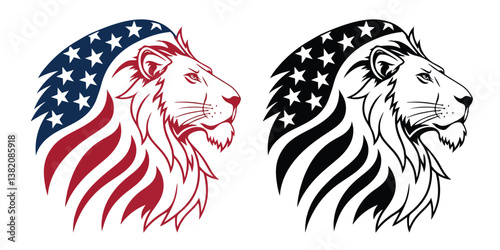Lion head tattoo vector illustration with tribal design and silhouette, featuring wild animal elements like mane and eagle for a bold, symbolic logo or emblem