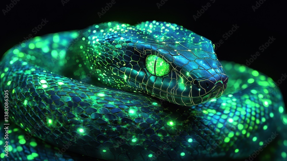 Fototapeta premium Mesmerizing Green Snake with Sparkling Neon Patterns in Darkness