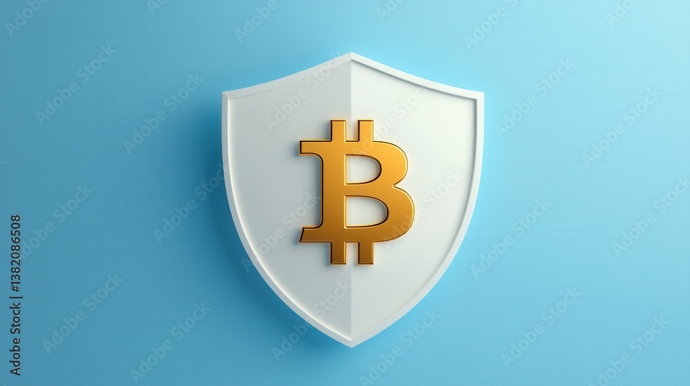 Gold Bitcoin Symbol on a White Shield Against Light Blue Background Gold Bitcoin Symbol on a White Shield Against Light Blue Background