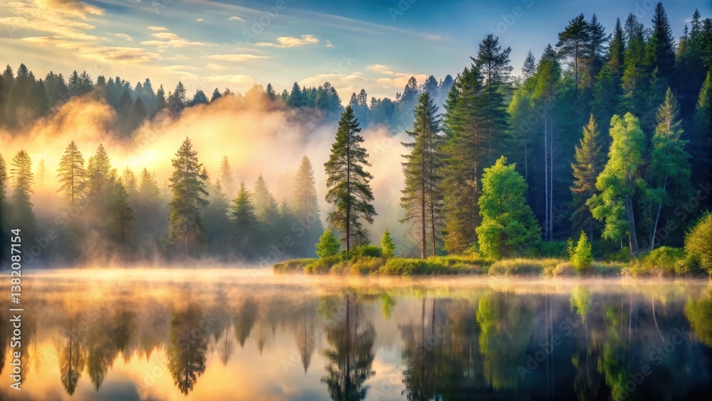 Fototapeta premium Forest Mist Morning Scene , landscape, serene, landscape, serene, calm, seclusion, stillness, scenery , solitude, water