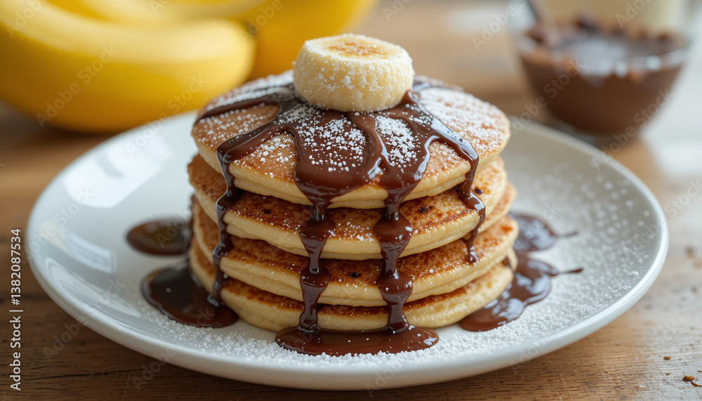 Banana pancakes with melted chocolate and powdered sugar. A delicious indulgent dish Banana pancakes with melted chocolate and powdered sugar. A delicious indulgent dish