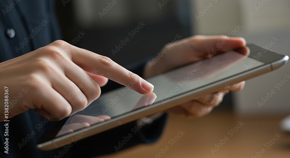 Woman Using Tablet Computer Touching Screen with Fingers in Daylight Closeup Woman Using Tablet Computer Touching Screen with Fingers in Daylight Closeup
