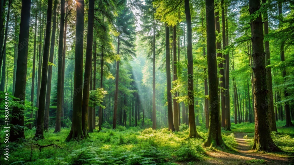 Fototapeta premium Dense forest with tall trees and underbrush, greenery, canopy, greenery