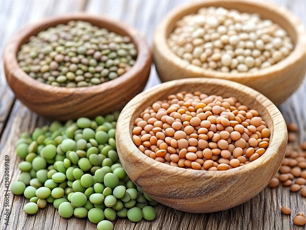 Fototapeta premium Rustic wooden bowls with assorted lentils for a healthy and vibrant dish