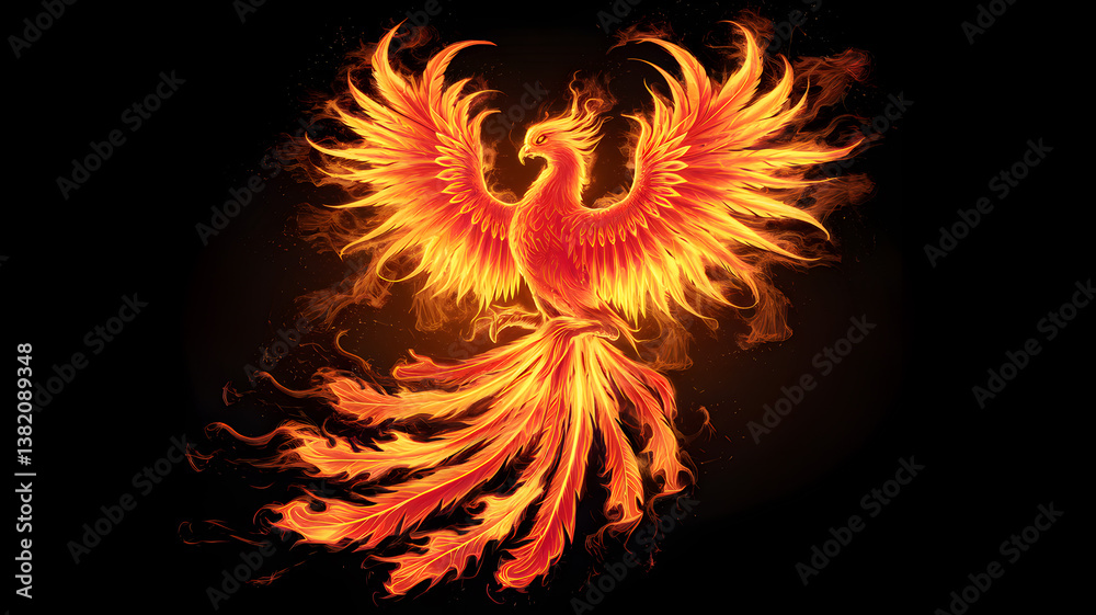 A vibrant phoenix rising from flames, symbolizing rebirth and resilience against a dark backdrop A vibrant phoenix rising from flames, symbolizing rebirth and resilience against a dark backdrop