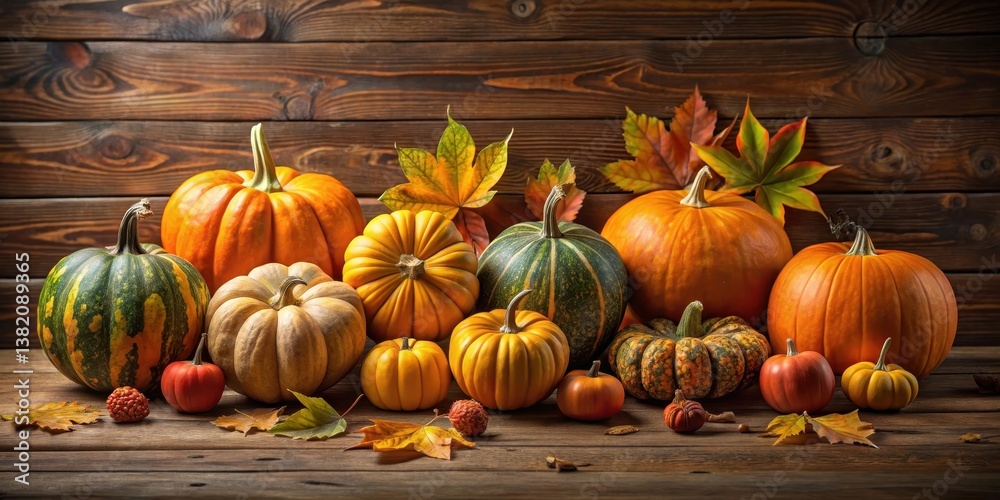 Pumpkins arranged in a geometric pattern on a wooden table, with varying sizes and shapes, surrounded by autumn leaves and gourds, nature, geometric patterns Pumpkins arranged in a geometric pattern on a wooden table, with varying sizes and shapes, surrounded by autumn leaves and gourds, nature, geometric patterns