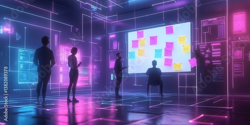 Wallpaper Mural A remote team collaborates on a virtual whiteboard, with floating sticky notes and bright neon colors, creating an immersive futuristic workspace. Torontodigital.ca