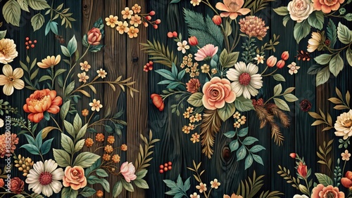 Detailed Floral Pattern with Dark Background on Wood Panel , sophisticated