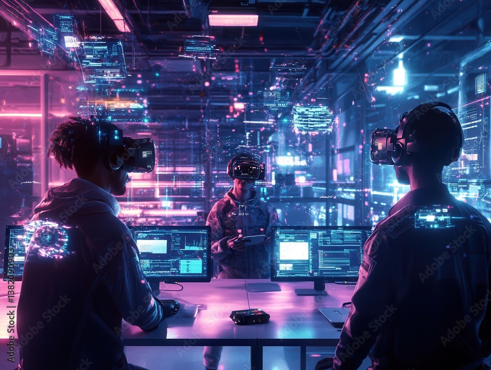 Obraz premium A professional team collaborates in virtual reality, surrounded by floating holographic screens. Neon reflections and high-tech ambiance create a futuristic workspace.