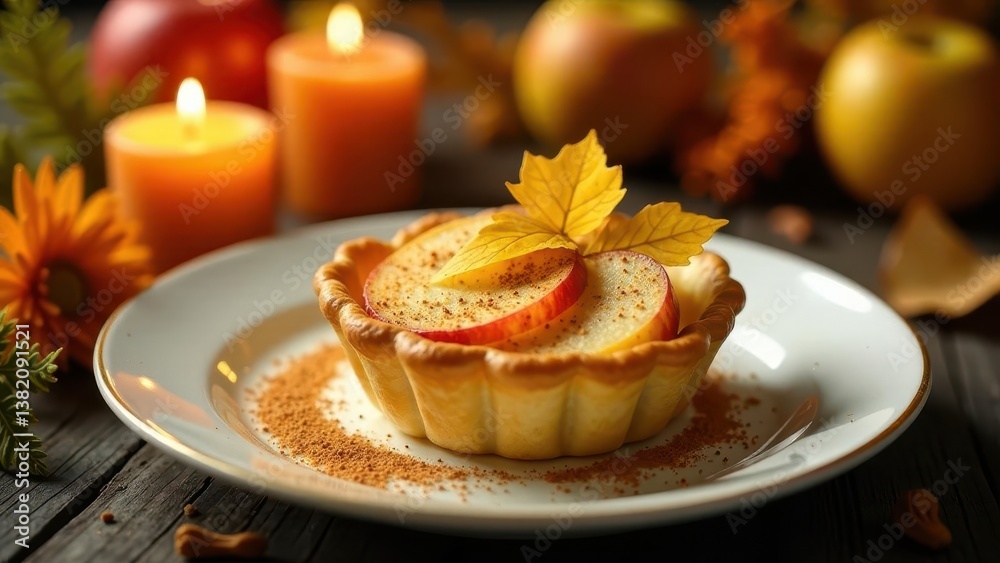 Aromatic Apple Tartlets with Cinnamon Dust and Autumn Leaves on a Plate Beside Lit Candles Aromatic Apple Tartlets with Cinnamon Dust and Autumn Leaves on a Plate Beside Lit Candles