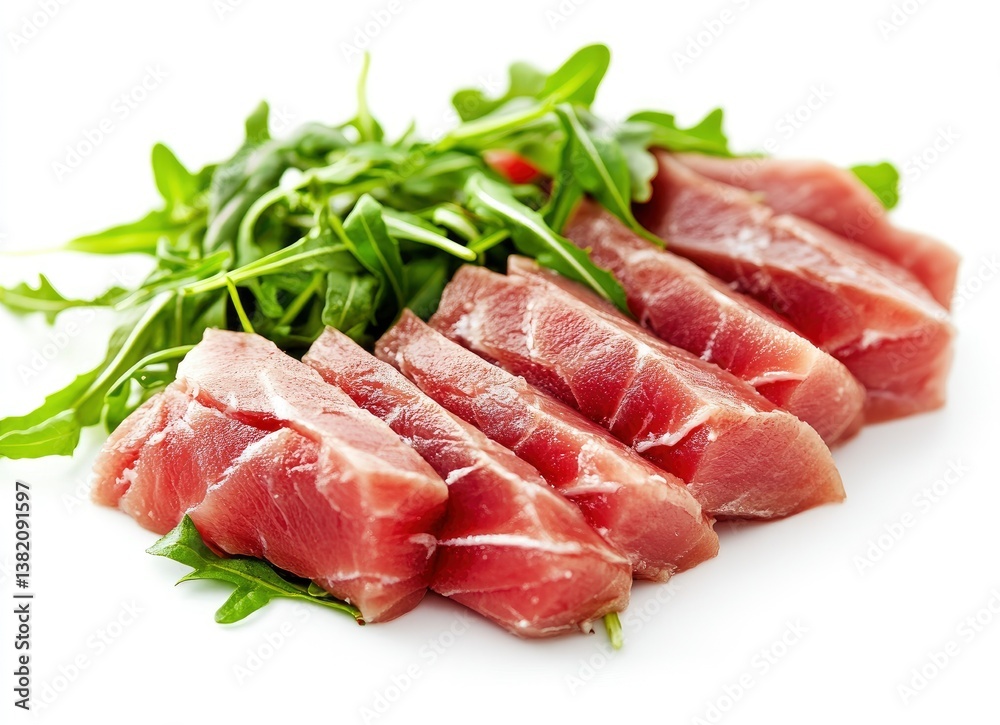Sliced Tuna with Arugula Salad on White Background Fresh Meal Sliced Tuna with Arugula Salad on White Background Fresh Meal