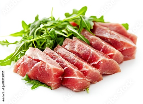 Sliced Tuna with Arugula Salad on White Background Fresh Meal