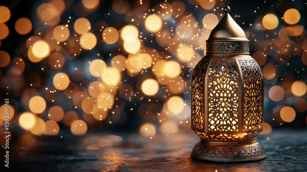 Ornate lantern illuminates bokeh backdrop, reflecting light on the surface