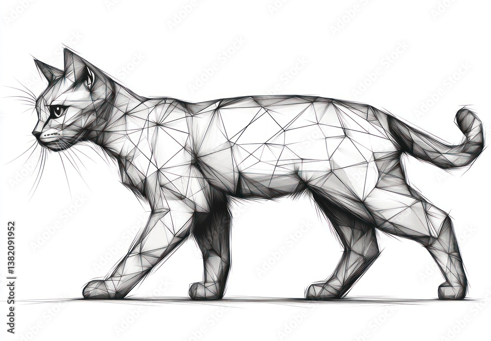 Fototapeta premium Geometric cat walking, white background, polygonal art, pet design