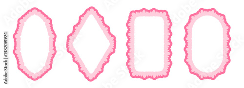 Cute frill pattern frame set. Pink scalloped ellipse and rectangle border collection. Wavy lace edge shape in rococo style for decoration, poster, banner. Girly coquette element pack. Vector