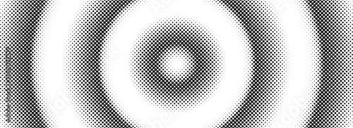 Halftone circle background. Radial comic target texture. Black and white dotted circular gradient. Fading rough dot epicenter wallpaper concept. Vector grungy concentric pop art gradation backdrop