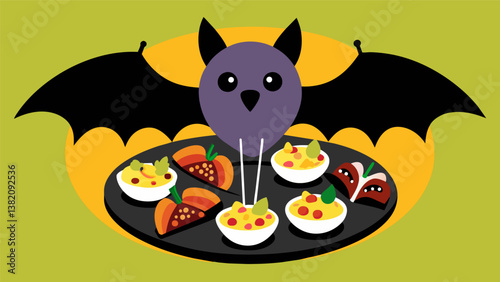 A batshaped platter with a variety of Halloweeninspired treats such as deviled eggs decorated with black olive spiders and candy cornshaped fruit. Vector illustration