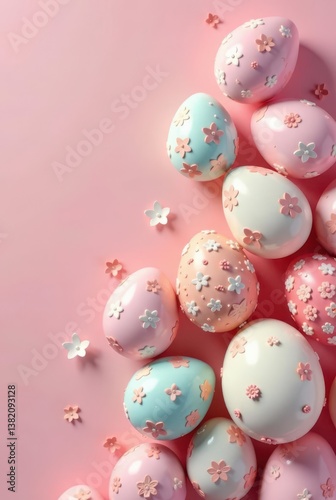 Pastel Easter Eggs Decorated with Delicate Floral Accents on a Soft Pink Background