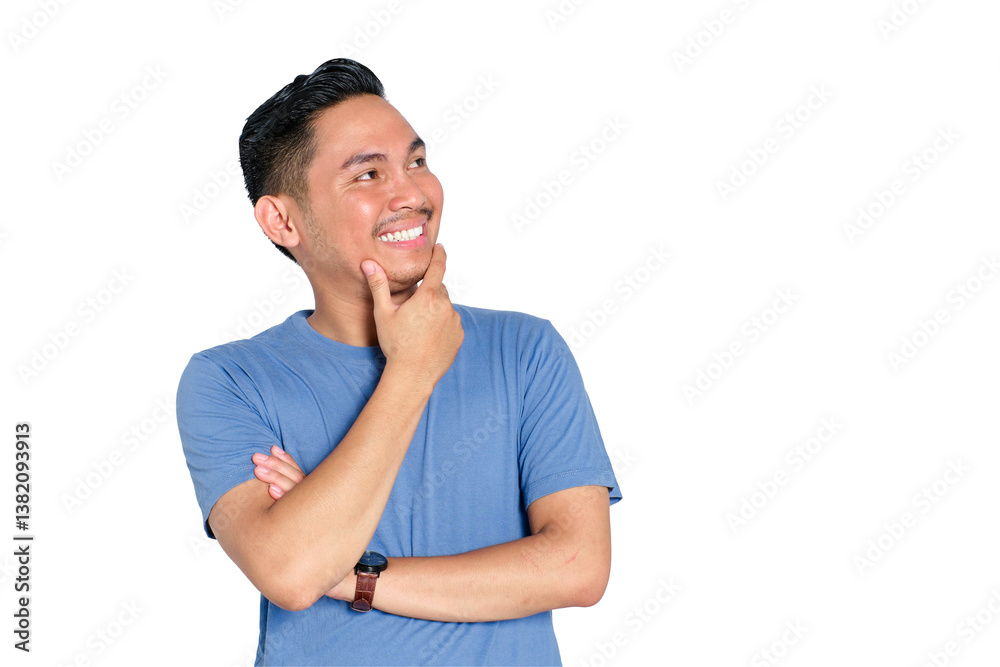 Smiling young Asian man touching chin while looking up with thoughtful expression, decision making, isolated on transparent background Smiling young Asian man touching chin while looking up with thoughtful expression, decision making, isolated on transparent background