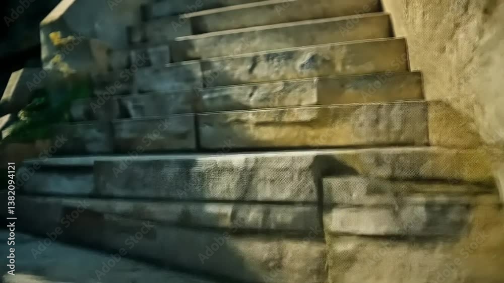 Close-up view of weathered stone steps leading to an ancient structure, surrounded by greenery Close-up view of weathered stone steps leading to an ancient structure, surrounded by greenery