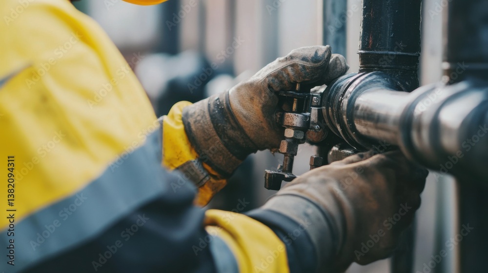 A construction worker tightening a pipe joint at a building site. Featuring expertise and skill A construction worker tightening a pipe joint at a building site. Featuring expertise and skill