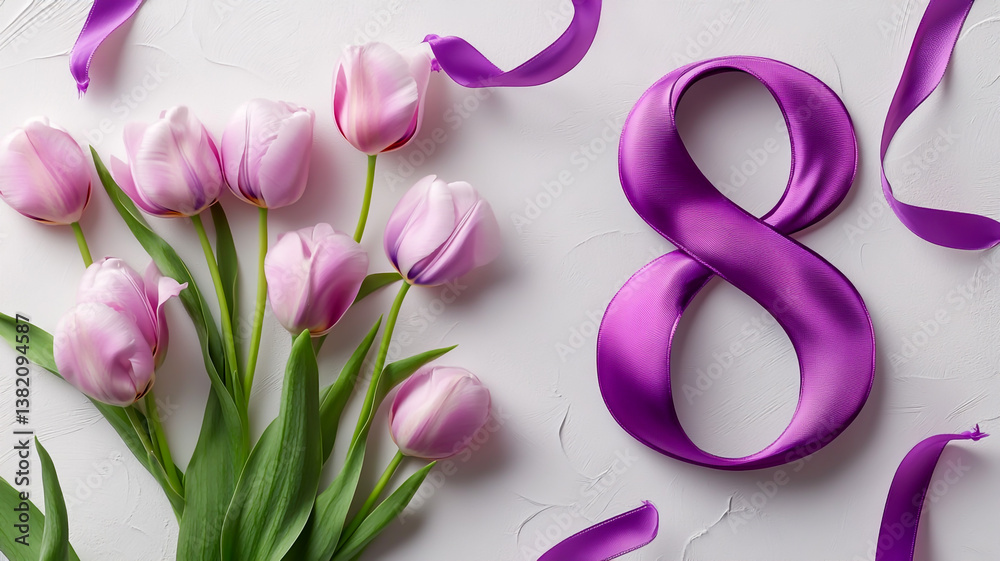 Fototapeta premium Chic Number 8 Embellished with a Violet Ribbon and Graceful Tulips on a Delicate Background for International Women's Day Celebrations, Featuring Feminine Elegance and Spring Blooms