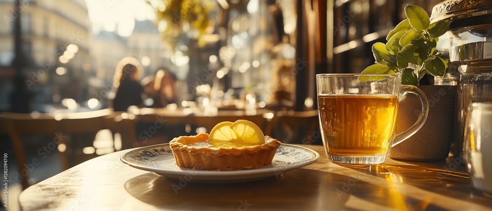 Naklejka premium Lemon tart and tea on table.