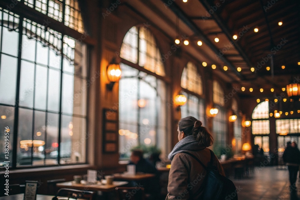 Moody Cozy Cafe Interior with Arched Windows and Warm Ambient Lighting
Moody Cozy Cafe Interior with Arched Windows and Warm Ambient Lighting