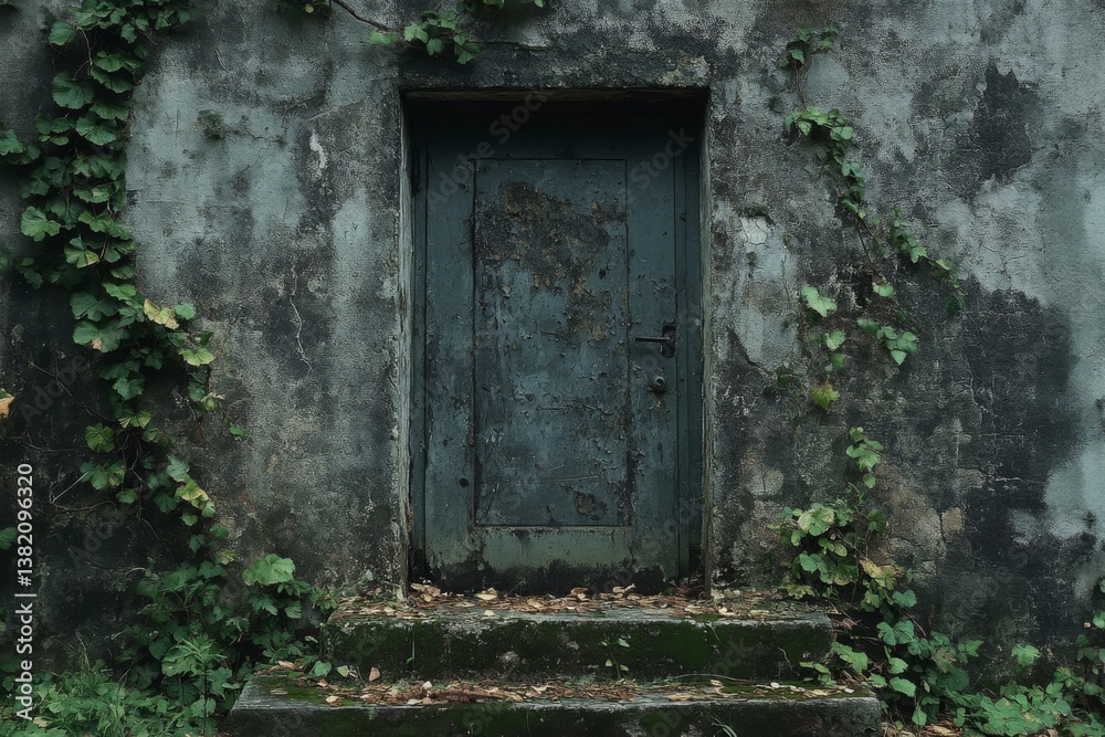 Old metal door covered in moss and surrounded by overgrown greenery Old metal door covered in moss and surrounded by overgrown greenery