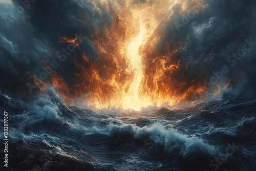Dramatic ocean scene with turbulent waves and fiery sunset illuminating dark storm clouds