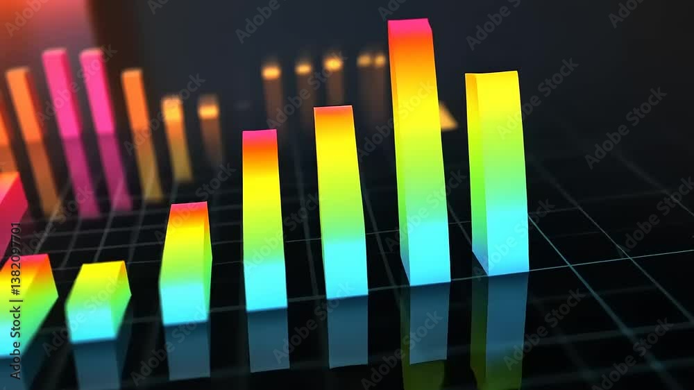 Colorful 3D bar graph displaying data trends with a reflective surface and a dark background Colorful 3D bar graph displaying data trends with a reflective surface and a dark background