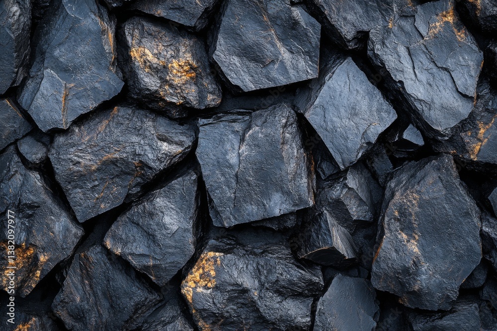 Wall of dark slate stones with sharp angular shapes and rough texture Wall of dark slate stones with sharp angular shapes and rough texture