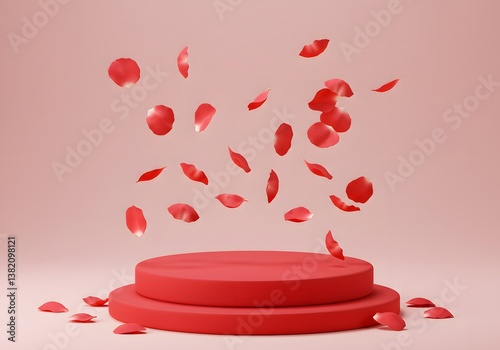 Elegant Red Rose Petals Falling on Red Podium, Pink Background - Romantic, Love, Beauty, Presentation