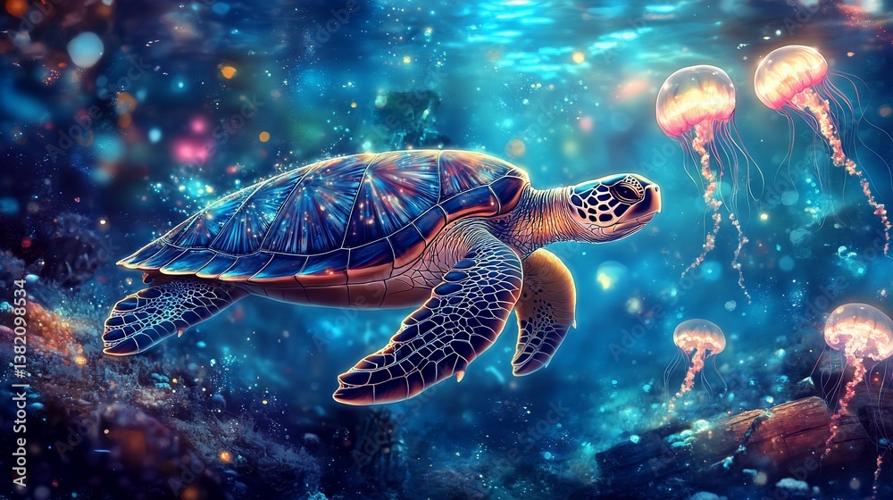 Obraz premium Luminous Sea Turtle swims past bioluminescent jellyfish