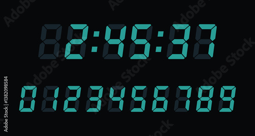 Electronic numbers set. Vector digital LED numbers set. Digital display number set for sign, alarm, calculator, clock, light, electronic, computer, watch, time. Vector illustration of LED digits.