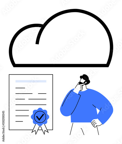 Person contemplating next to certified document and cloud icon, representing trust, verification, and decision-making. Ideal for data security, certification, cloud computing, decision-making