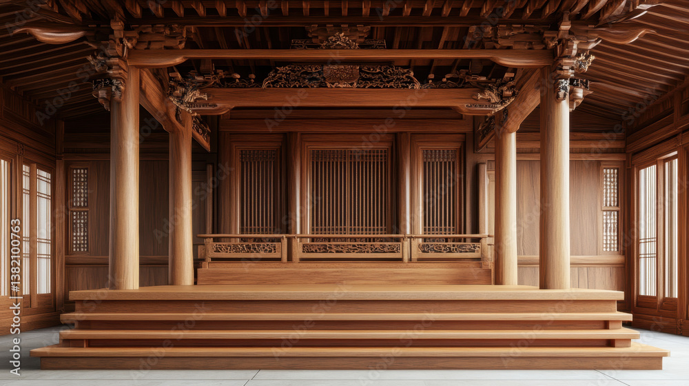 Obraz premium beautifully crafted wooden podium stands in serene space, showcasing intricate woodwork and elegant design. warm tones of wood create welcoming atmosphere perfect for presentations