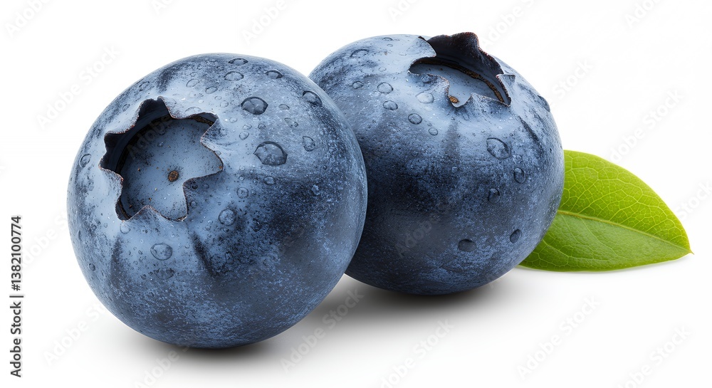 Two Fresh Blueberries with Water Droplets and Green Leaf Isolated Two Fresh Blueberries with Water Droplets and Green Leaf Isolated