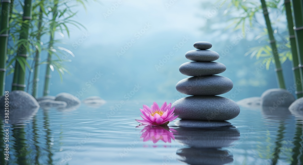 Obraz premium Pink Lotus Flower and Balanced Grey Stones in Tranquil Bamboo Setting