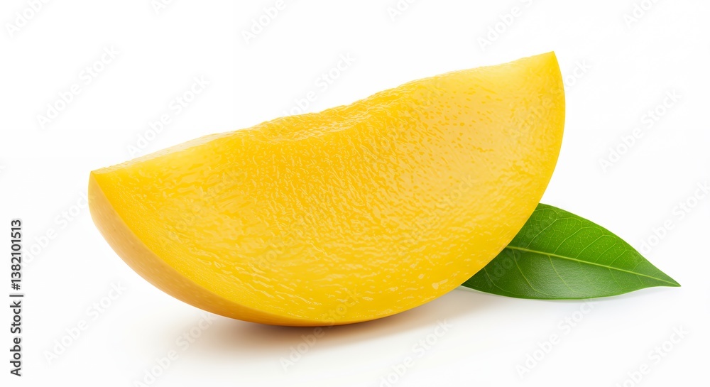 Ripe Mango Slice with Green Leaf on White Background Ready to Eat Ripe Mango Slice with Green Leaf on White Background Ready to Eat