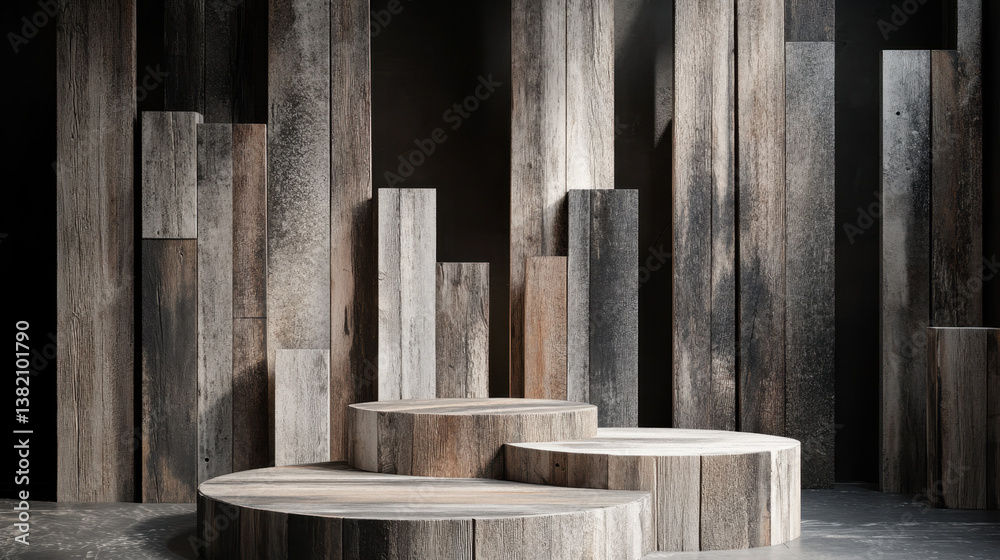 Wood podiums create stunning visual display, showcasing beauty of natural materials in modern setting. interplay of light and shadow enhances artistic appeal of wood Wood podiums create stunning visual display, showcasing beauty of natural materials in modern setting. interplay of light and shadow enhances artistic appeal of wood