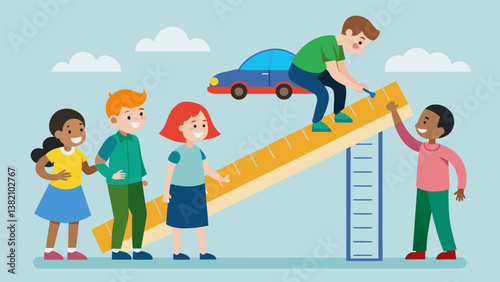 A group of students measures the distance and speed of a toy car as it rolls down a ramp learning about the laws of motion.. Vector illustration