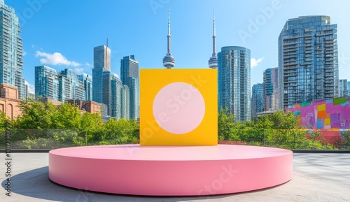 Colorful urban display podium, sunny city backdrop