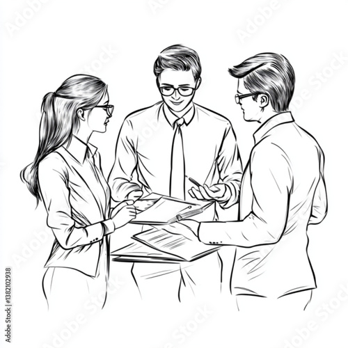 A black and white line art illustration depicting three individuals in a professional setting, engaged in a discussion over documents
