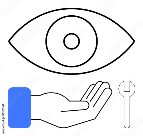 Large eye symbol above an open hand and wrench. Ideal for innovation, assistance, repair, support, creativity insight vision. Flat simple metaphor. Line metaphor. Simple line icons