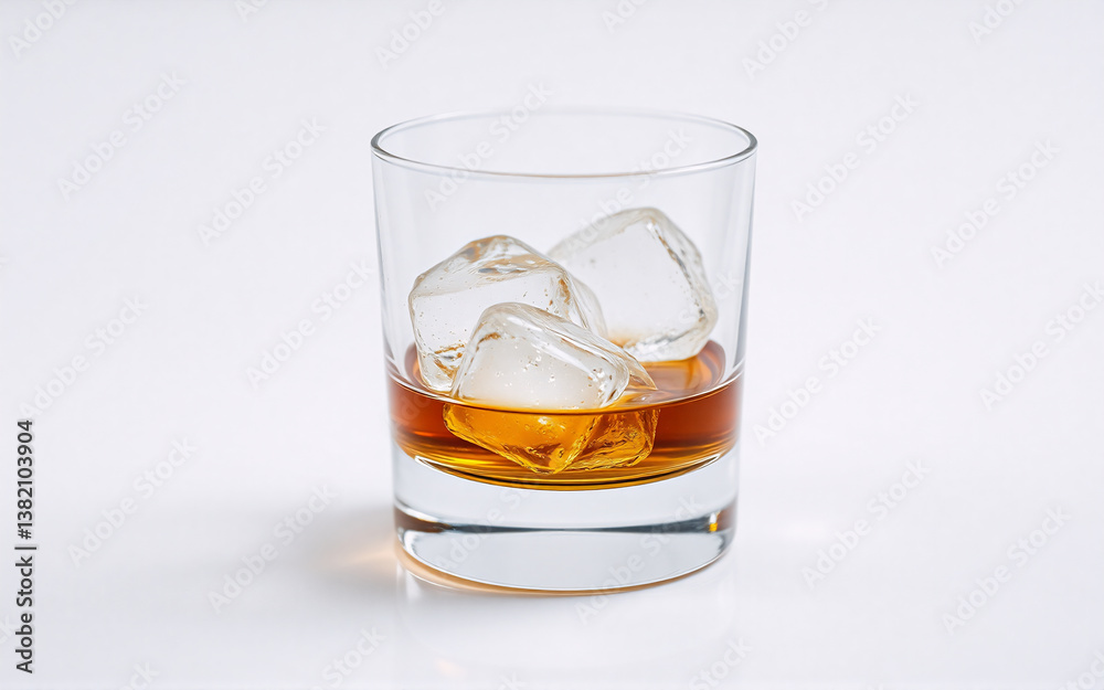 Amber drink with ice cubes in a clear glass. Cold and refreshing beverage isolated on a white background in a simple studio setting.