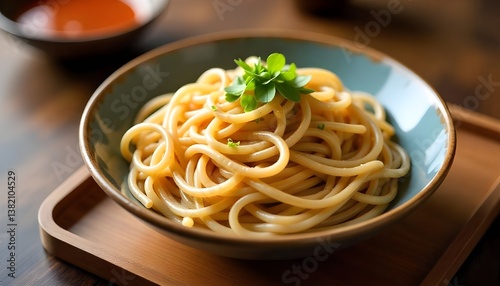 A refreshing plate of zaru soba (cold soba noodles) with dipping sauce, served on a traditional bamboo tray, summer Japanese cuisine